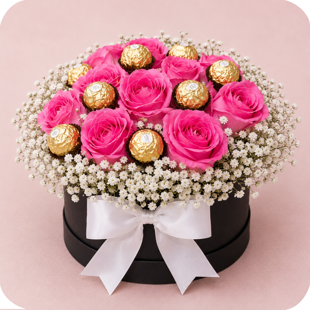 Box Doce Delicadeza com Rosas Rosa e Ferrero Rocher