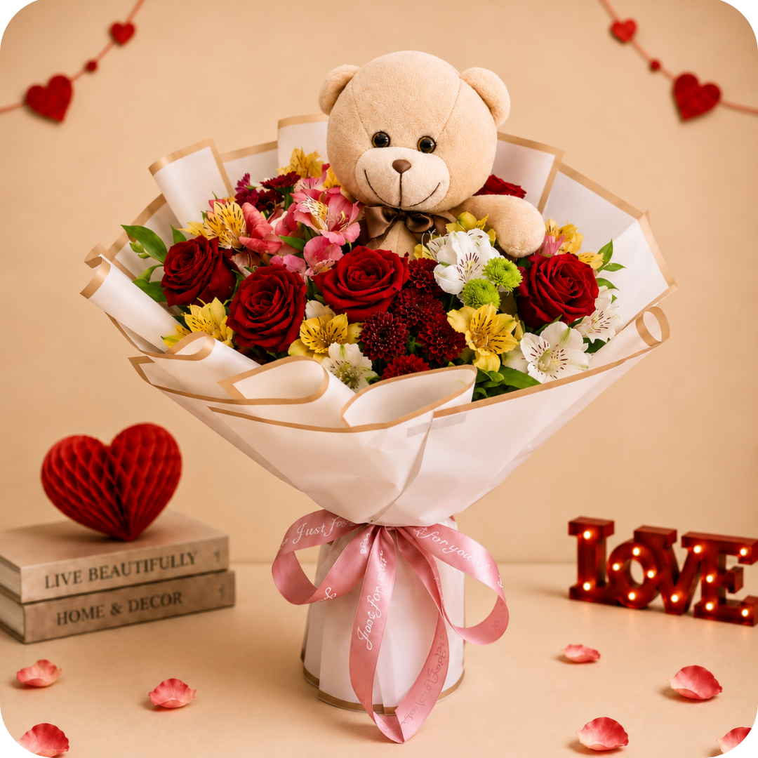 Buqu� Carinho com Rosas e Ursinho