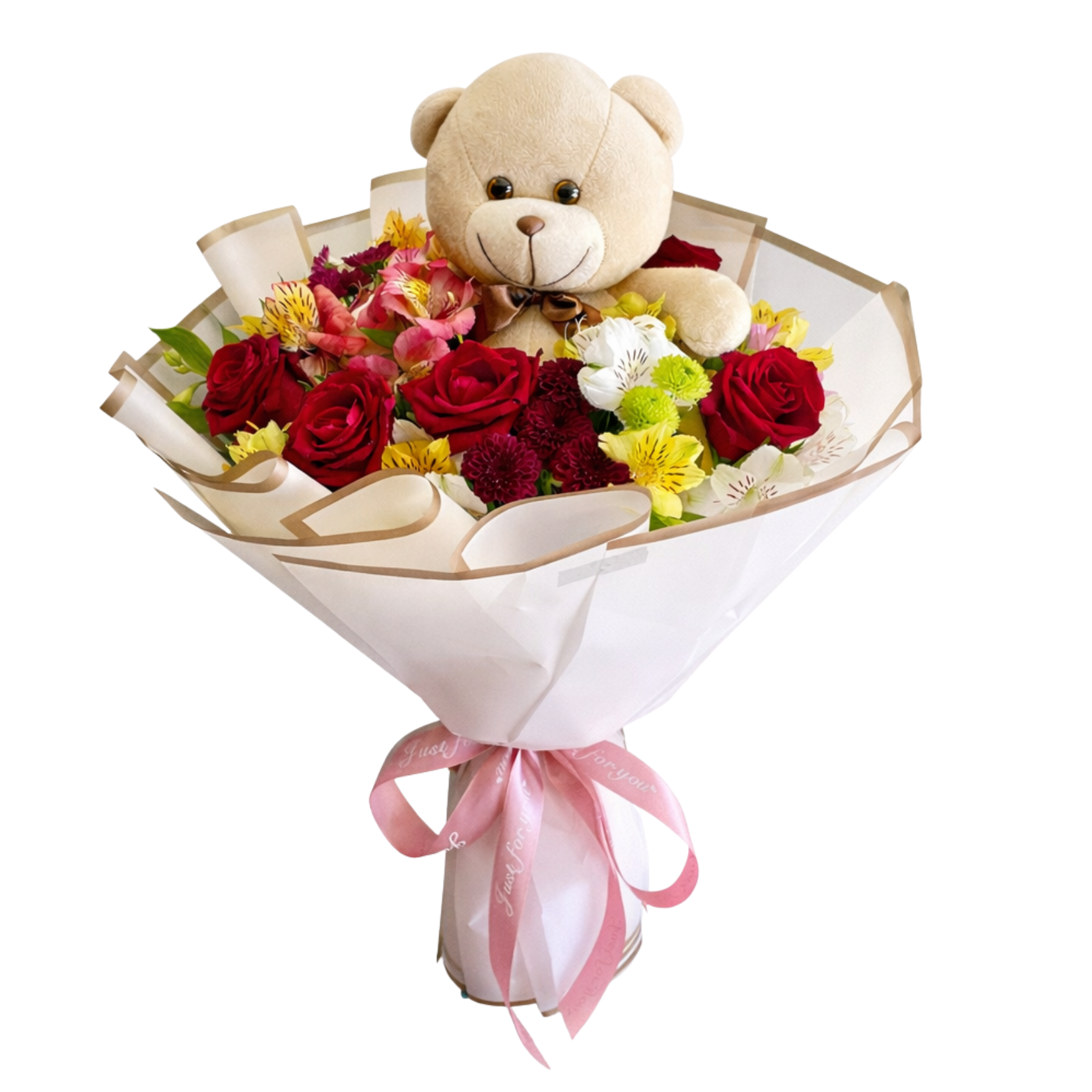 Buqu� Carinho com Rosas e Ursinho