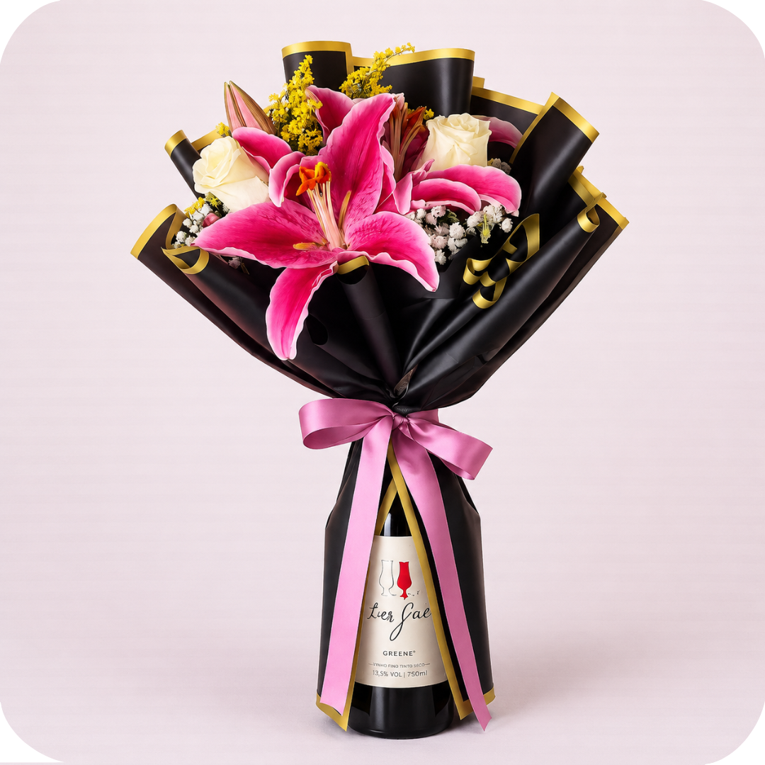Buqu� Brinde Especial com Vinho e Lirios