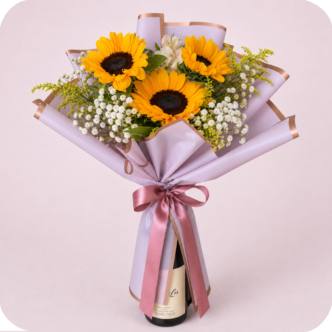 Buqu� Brinde Especial com Vinho e Girassois